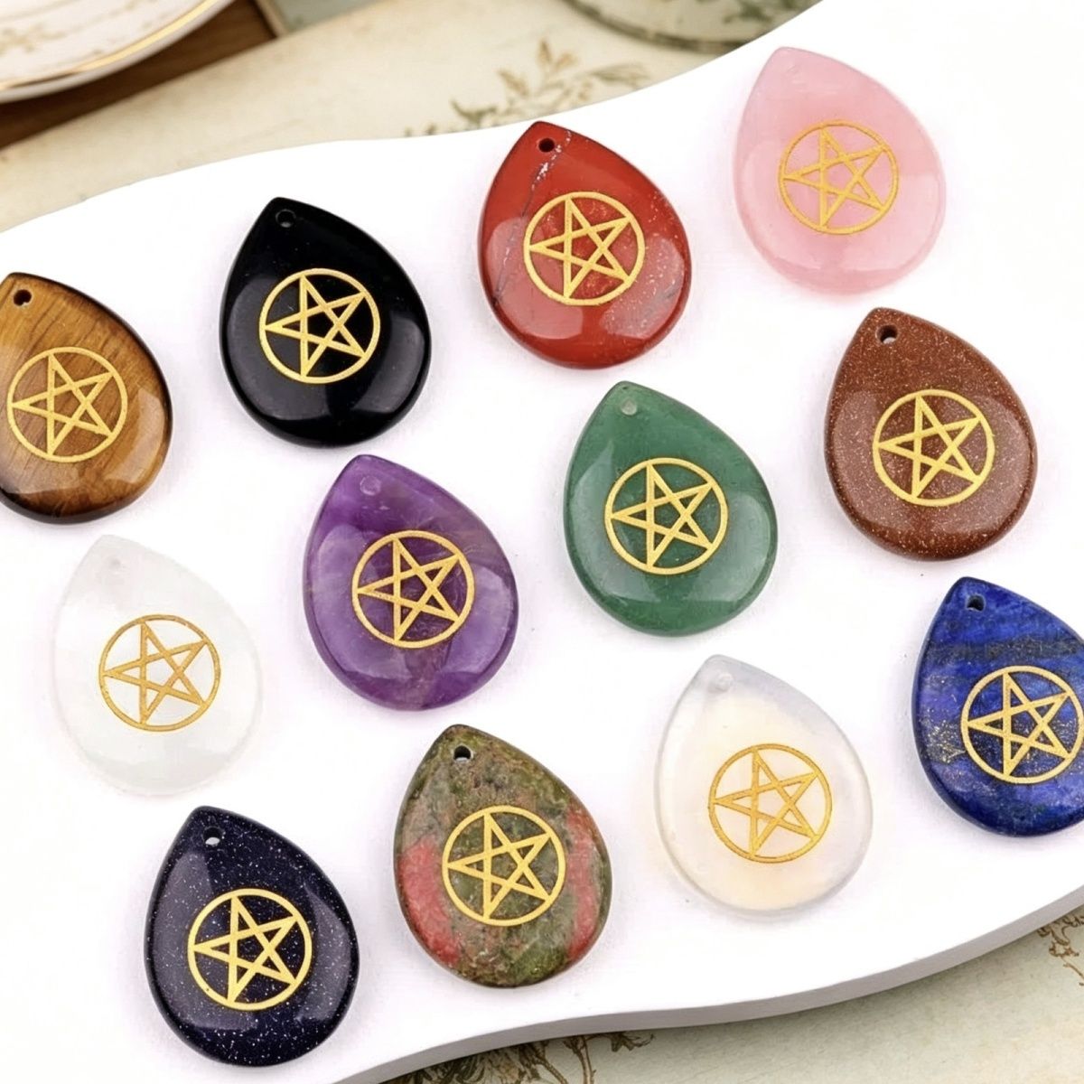 2190-Pentacle roxo rosa branco cristal gravado pentagrama símbolo gota de água pingente colar DIY pingente de jóias