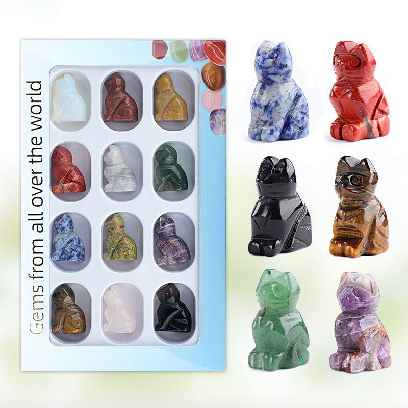 12 caixas de cor 1 polegada gravado cristal ágata jade gatinho ornamento animal conjunto de artesanato