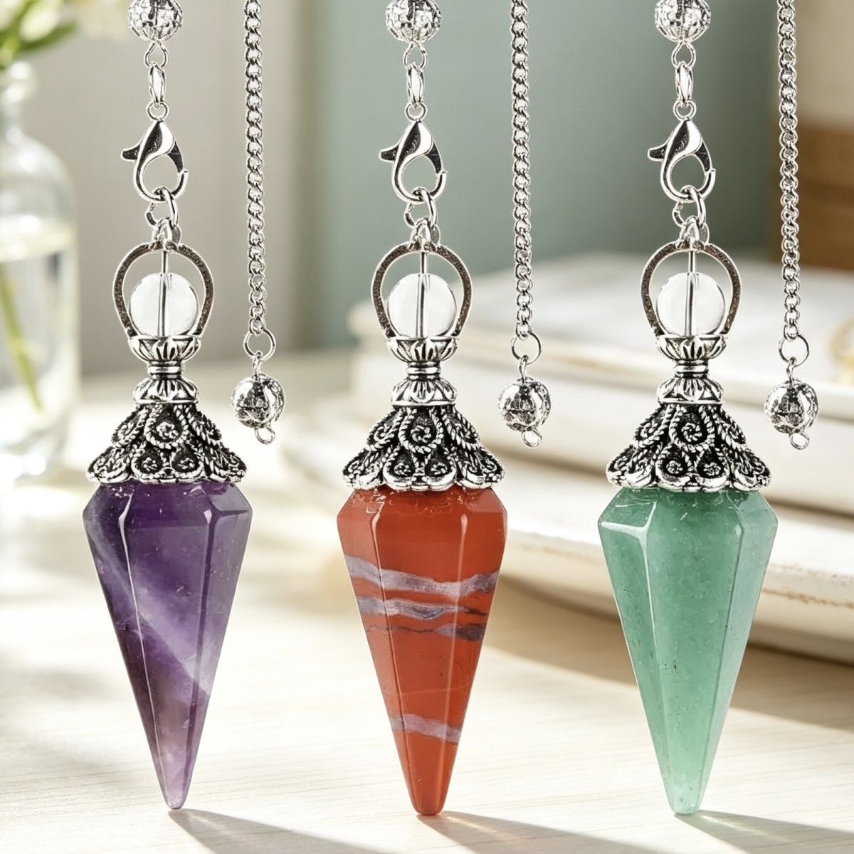 1412 Pingente de pêndulo de cristal natural Receptáculo de prata antiga Yoga Meditação Hexagonal Cone Frequência ajustável Pêndulo de pedra natural