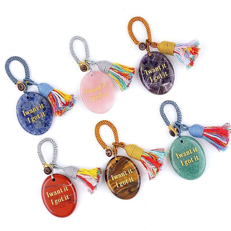 2454 Chaveiro de pedra de cristal natural com letras de ágata pingente de carro, pingente de bolsa de pedra mindfulness.