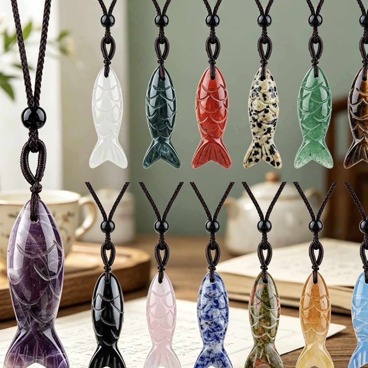 Colar de peixe pequeno de pedra semi-preciosa natural de 40Mm, colar de corda trançada ajustável, pingente de peixe pequeno de ágata tridimensional com gravura em pedra ágata.