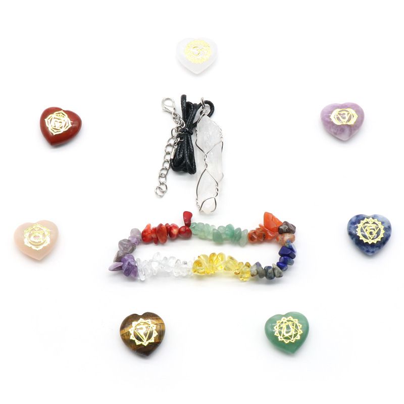 1510-Conjunto de pedra do amor Chakra, pulseira de cascalho colorida, pingente de cristal branco, caixa colorida.