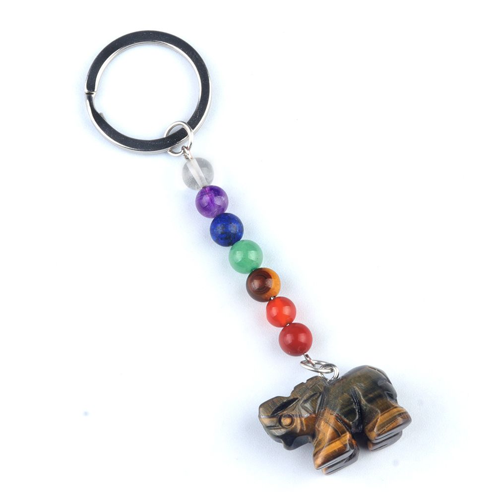 Chaveiro de elefante de pedra de cristal colorido, pingente de jóias de chakra, pingente de chaveiro de animal pequeno.