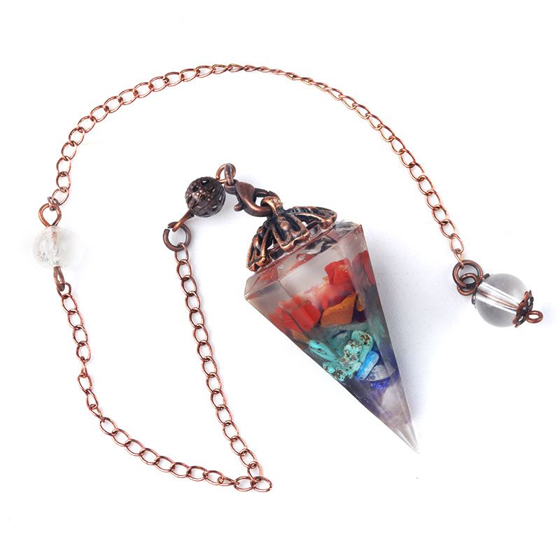 1697-Pêndulo de cristal colorido pêndulo de bandeja de flor de cobre vermelho antigo, pêndulo de cone hexagonal de resina de cascalho natural