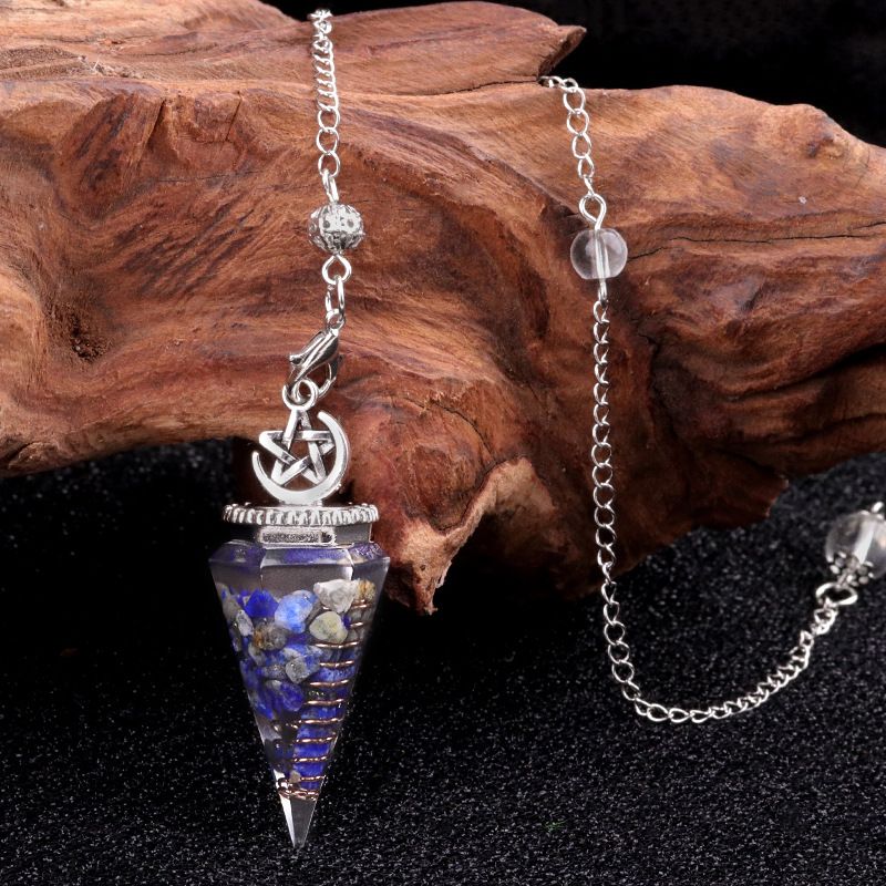 2138-Star-Moon Hexagonal Cone Cristal Ágata Pedra Semi-preciosa Resina de Cascalho Pingente de Pêndulo