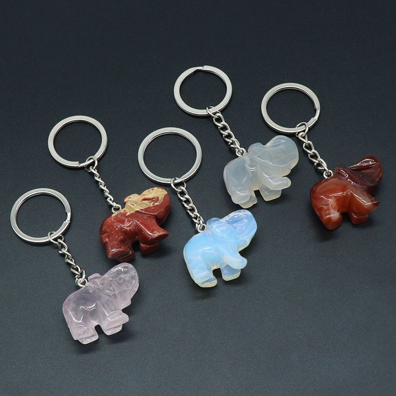 Pingente de chaveiro de elefante com cabeça de ágata de cristal natural, pingente de bolsa de elefante gravada tridimensional.