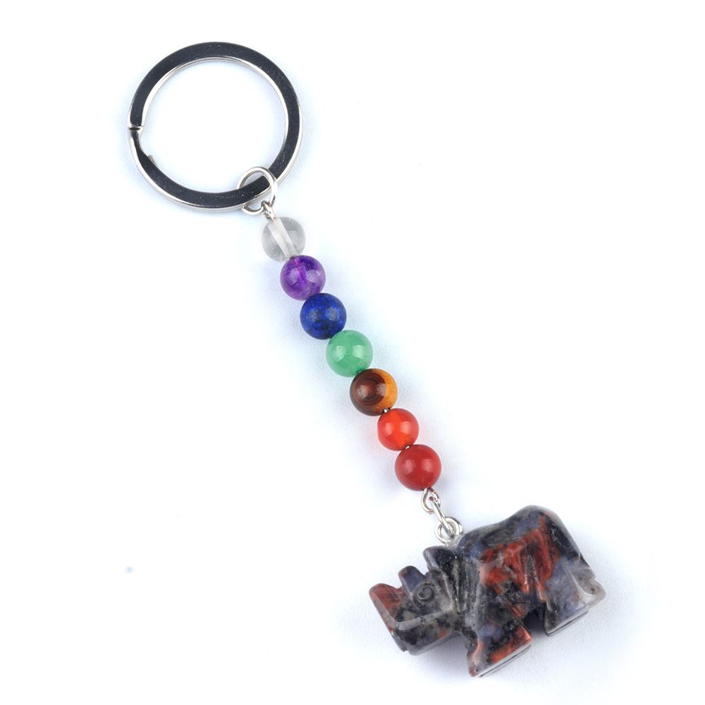 1960-Chaveiro de rinoceronte de pedra de cristal colorido, pingente de jóias de chakra, pingente de chaveiro de animal pequeno