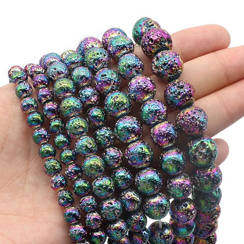 1417-Pedra Vulcânica Colorida Natural Contas Redondas DIY Acessórios De Jóias Frisadas Feitas À Mão Rocha Vulcânica Galvanoplastia Cor Grânulos Soltos