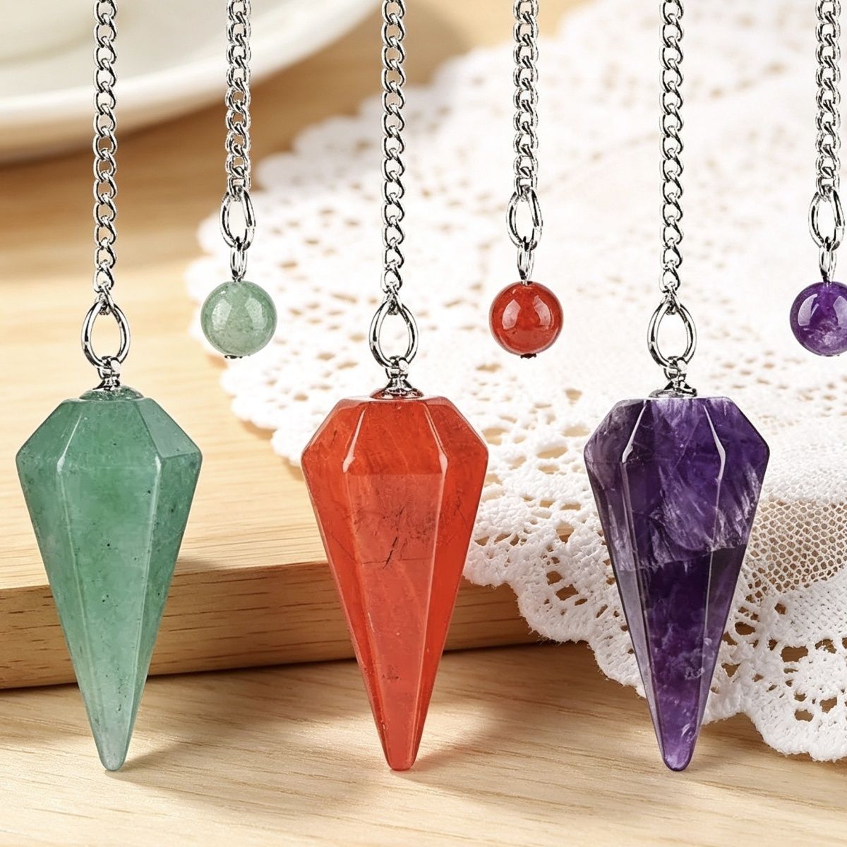 Pingente de pêndulo de cristal natural 38 mm Pedra preciosa de cone hexagonal com corrente Yoga Meditação Pêndulo de frequência ajustável