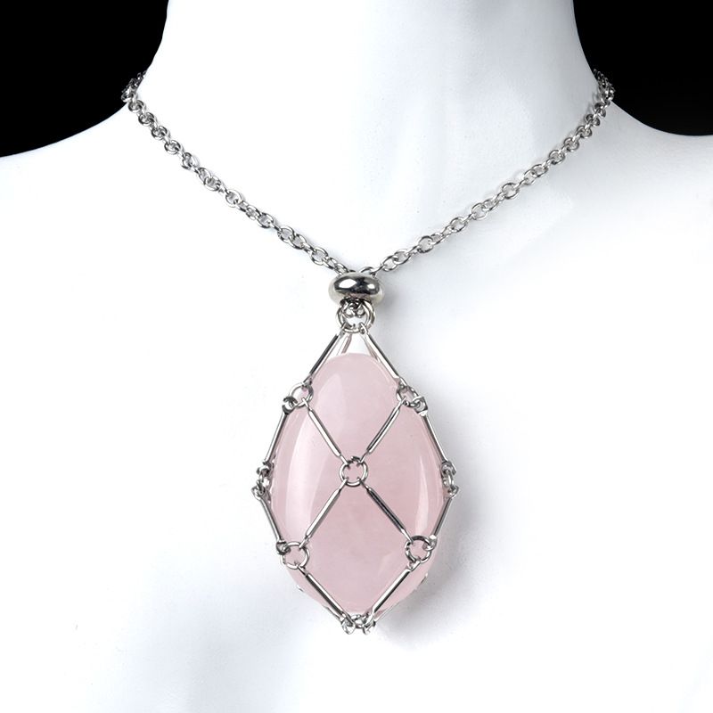 1720-Corrente de mão de aço inoxidável tecido malha colar de bolso de pedra de ágata cristal pingente de gota de água pode ser substituído por pedra bruta