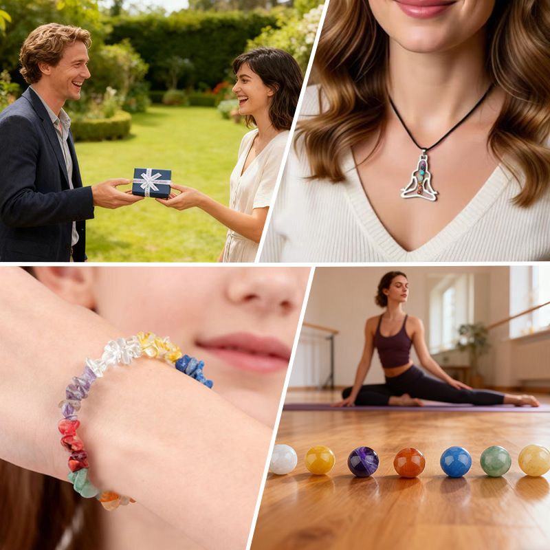 2409 Conjunto de combinação de ágata de pedra semipreciosa de cristal colorido, pedra rolante de ponta dupla, chakra de meditação de ioga de sete veias, caixa de presente correspondente.
