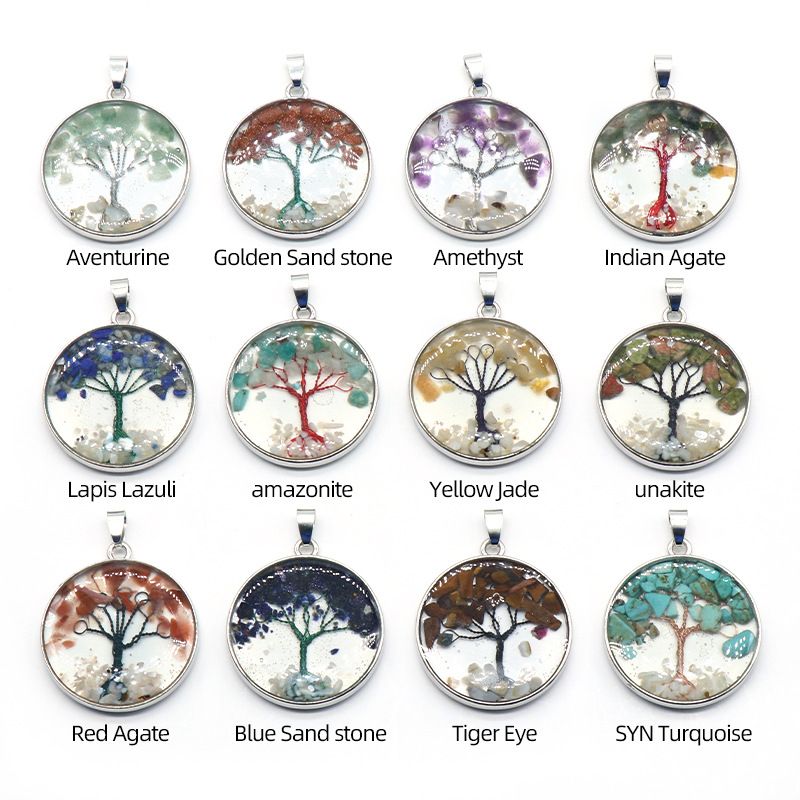 1513-33Mm Árvore da Vida Pingente de Cascalho, Pedra de Cristal Natural Pingente Colorido da Árvore da Vida Pingente de Colar DIY