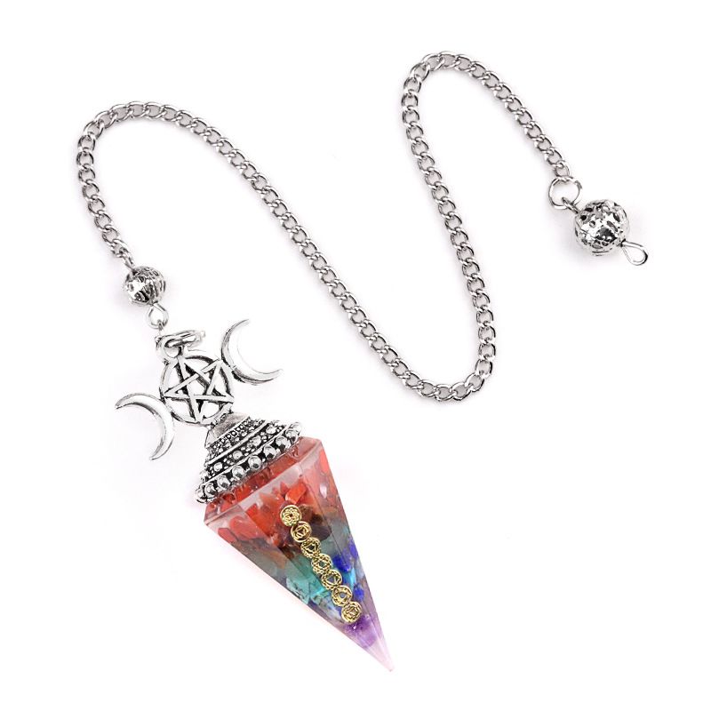 2122-Pêndulo de cascalho de cristal natural colorido bronze prata resina de ouro símbolo de sete veias pêndulo de cone hexagonal