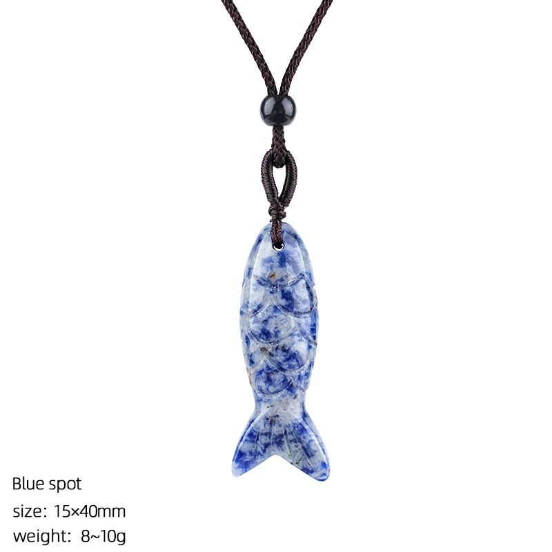 Colar de peixe pequeno de pedra semi-preciosa natural de 40Mm, colar de corda trançada ajustável, pingente de peixe pequeno de ágata tridimensional com gravura em pedra ágata.