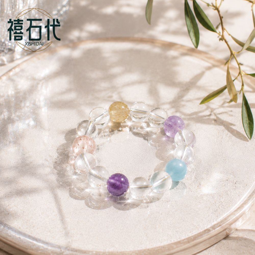 [Xishi Dai] Pulseira de Cristal Duobao Natural, Cristal Branco Ametista, Cristal de Cabelo Dourado, Recrutamento de Negócios de Flor de Pêssego