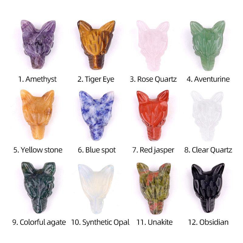Cristal natural pedra semipreciosa escultura cabeça de lobo 12pcs caixa de cor animal estátua artesanato pequeno ornamento