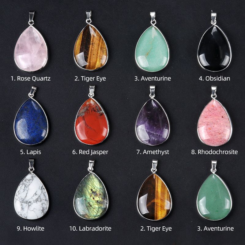 1741-Pingente grande de bainha de gota de água com borda K branca 25x35, colar de gota de água de cobre de pedra semipreciosa de cristal galvanizado em prata.