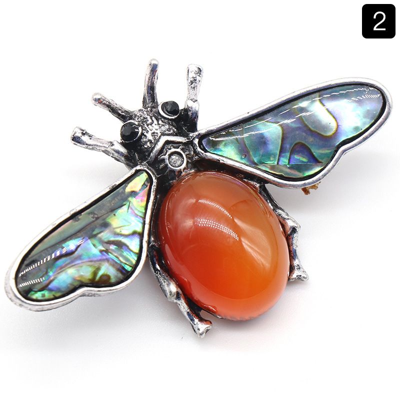 1209-Abelha semipreciosa de ágata de cristal, pingente de pedra preciosa de concha de abalone incrustada em liga, colar de broche