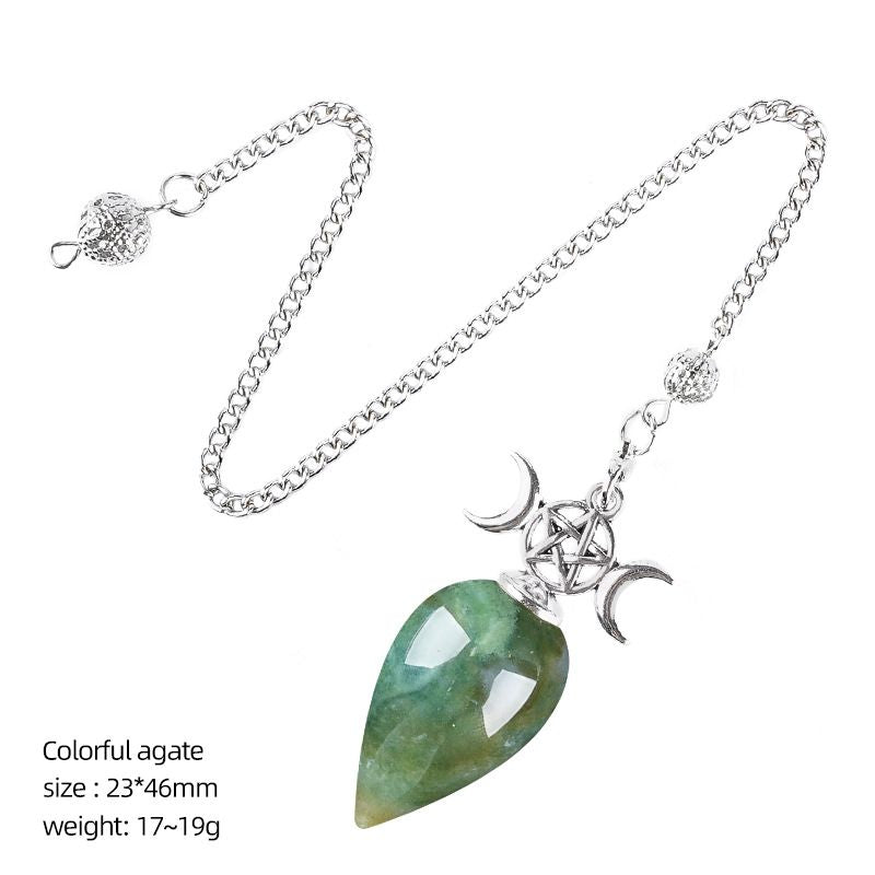 Pêndulo de cristal natural com corrente modelo mensal de gota de água yoga meditação frequência ajustável pêndulo de pedra natural
