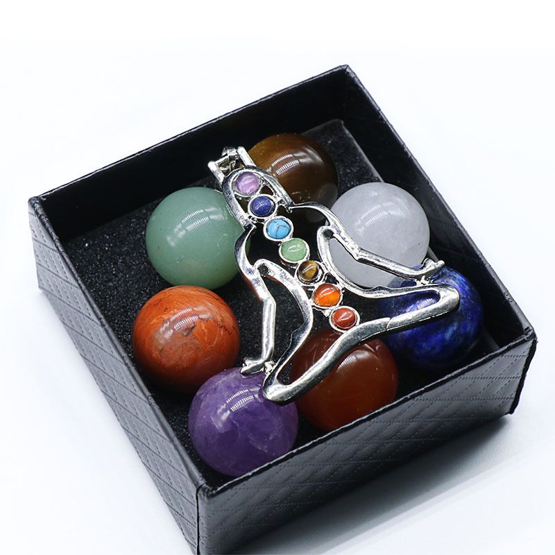 711-Conjunto de Pedra Colorida de Cristal Natural Ágata 20MM Ball 7 Boxes, Chakra Yoga Stone