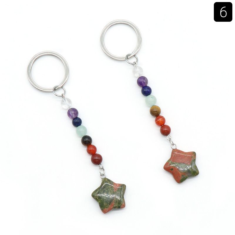 1472-Cristal natural de pedra colorida pentagrama pingente de chave de jóias pingente de bagagem DIY chaveiro