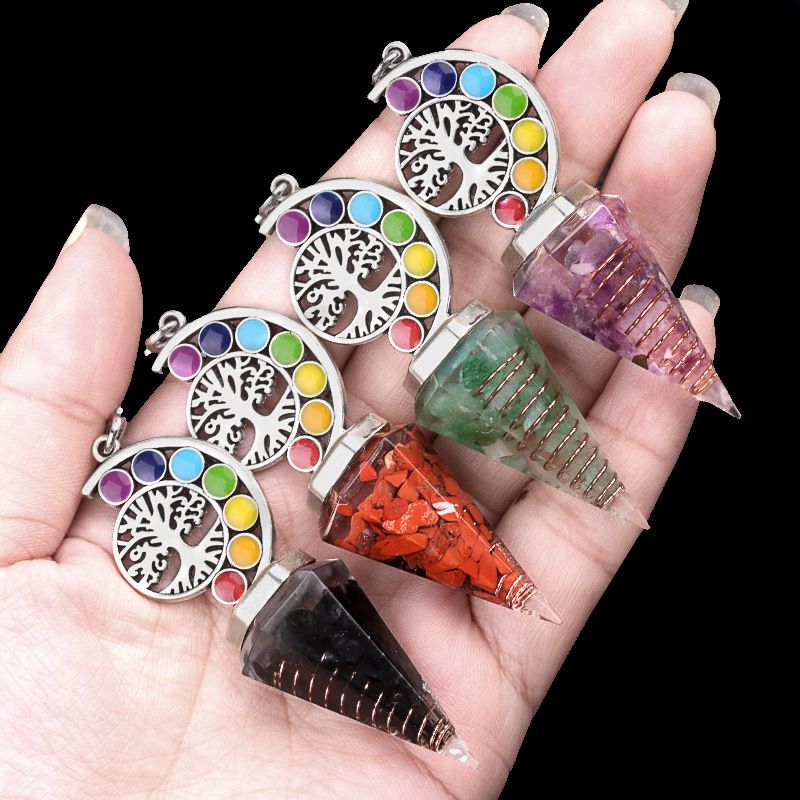 2145-Nova Árvore Colorida da Vida Resina De Cascalho De Cristal Hexagonal Cone Pêndulo Yoga Ornamento De Meditação