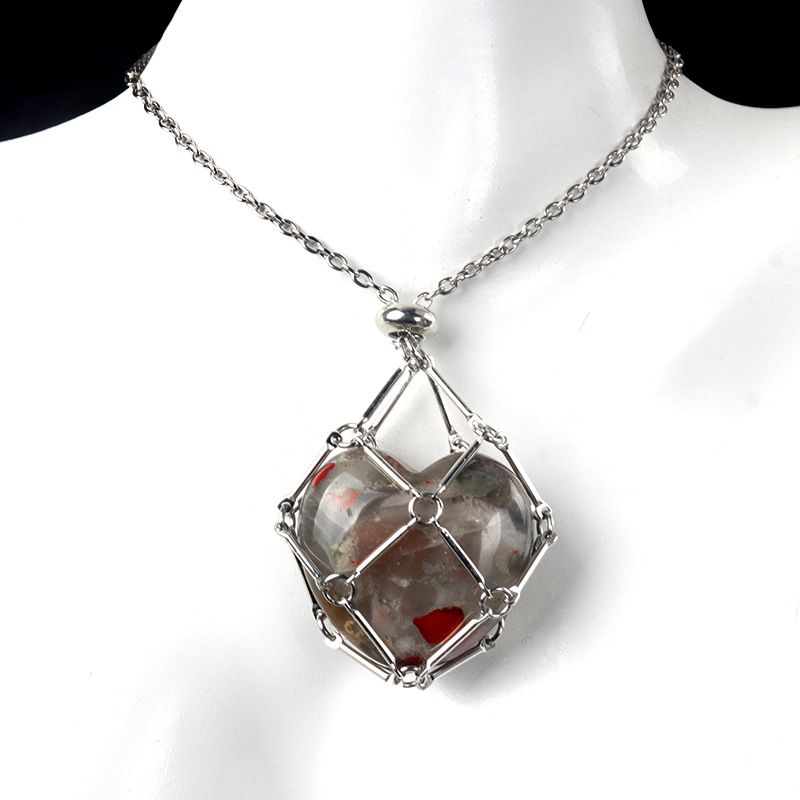 1737-Corrente de aço inoxidável de pedra de amor de ágata de cristal natural, pingente de bolso de malha de coração de bambu de metal