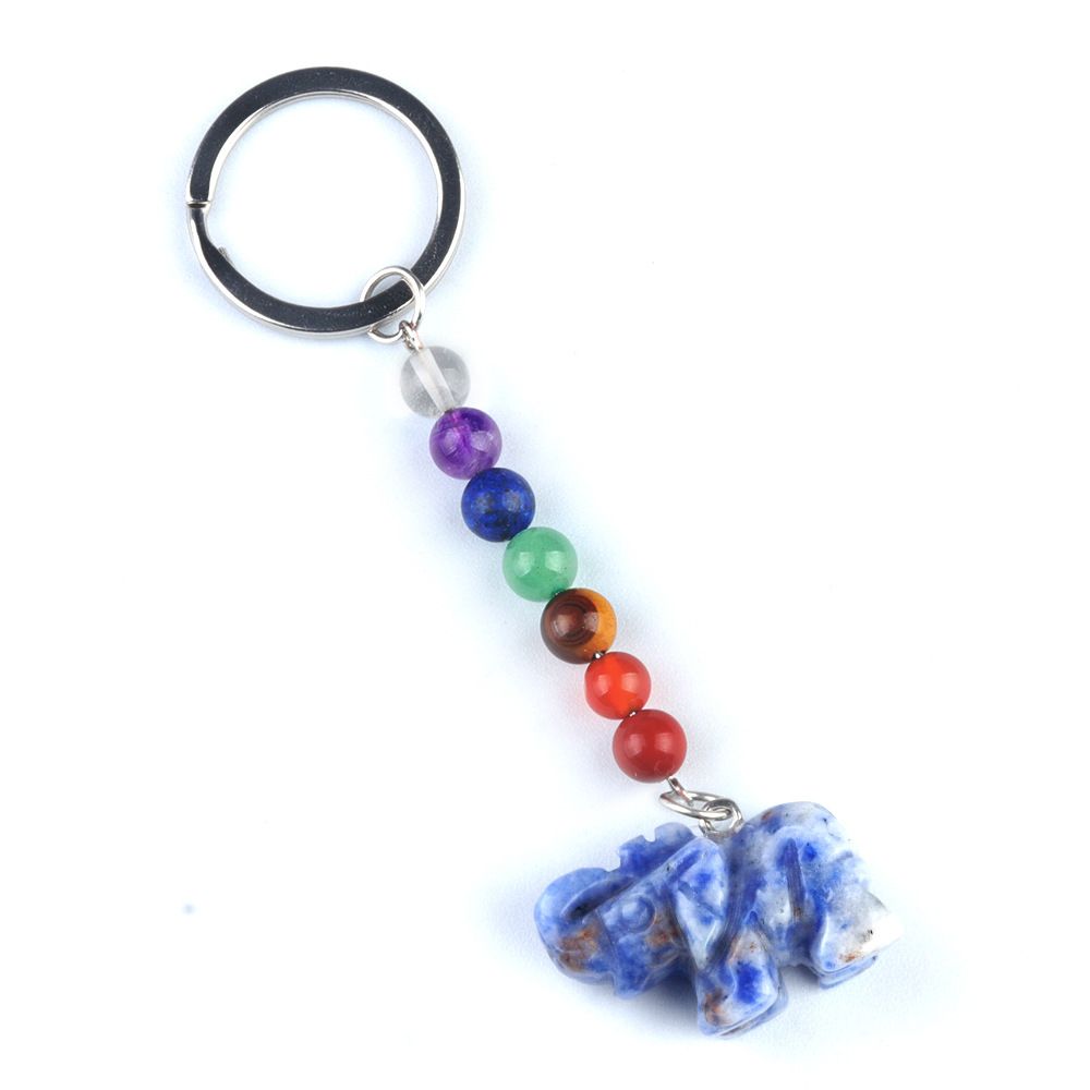Chaveiro de elefante de pedra de cristal colorido, pingente de jóias de chakra, pingente de chaveiro de animal pequeno.