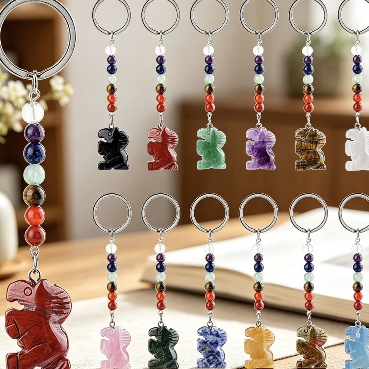 Chaveiro de pônei de jade natural, acessórios de chakra de contas redondas coloridas, pingente de pônei de ágata de cristal gravado.