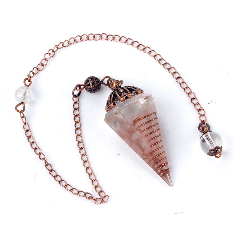 1697-Pêndulo de cristal colorido pêndulo de bandeja de flor de cobre vermelho antigo, pêndulo de cone hexagonal de resina de cascalho natural
