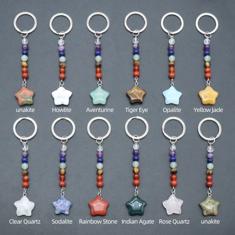 1472-Cristal natural de pedra colorida pentagrama pingente de chave de jóias pingente de bagagem DIY chaveiro