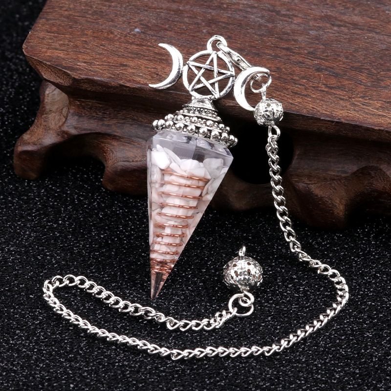 1690-Lua trifásica colorido cascalho resina cristal pedra preciosa hexagonal cone pêndulo, pingente de chakra