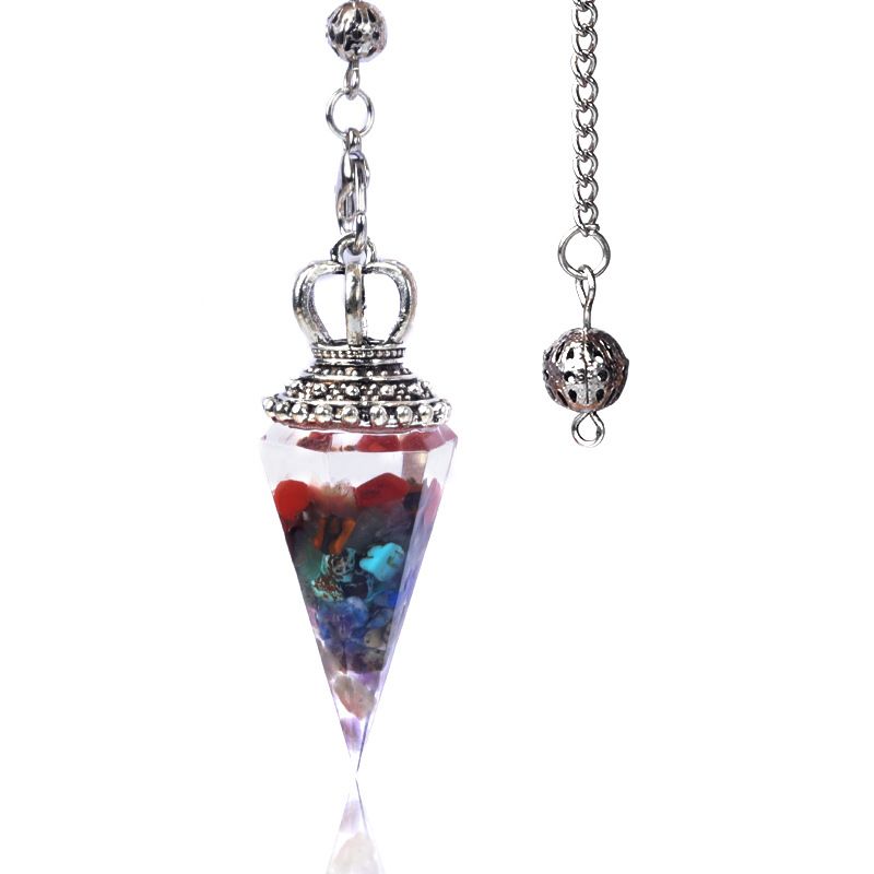 1645-Pêndulo de alma, pêndulo de resina de cascalho cristal, pêndulo de chakra cônico hexagonal