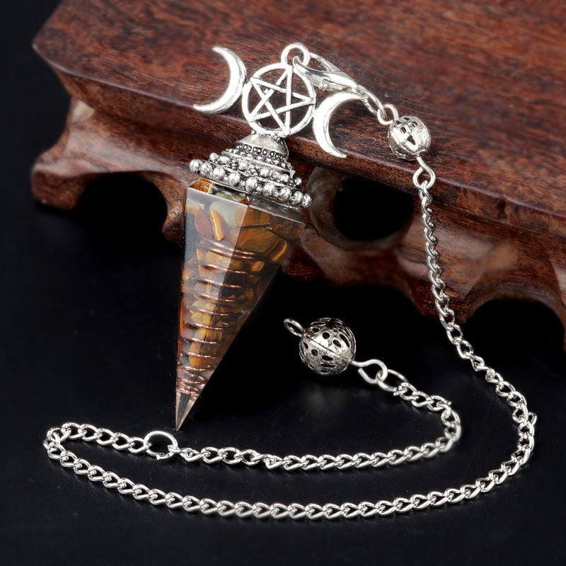 1690-Lua trifásica colorido cascalho resina cristal pedra preciosa hexagonal cone pêndulo, pingente de chakra