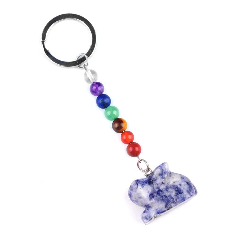 2011-Chaveiro de coelho de pedra de cristal colorido, pingente de jóias de chakra, pingente de chaveiro de animal pequeno.