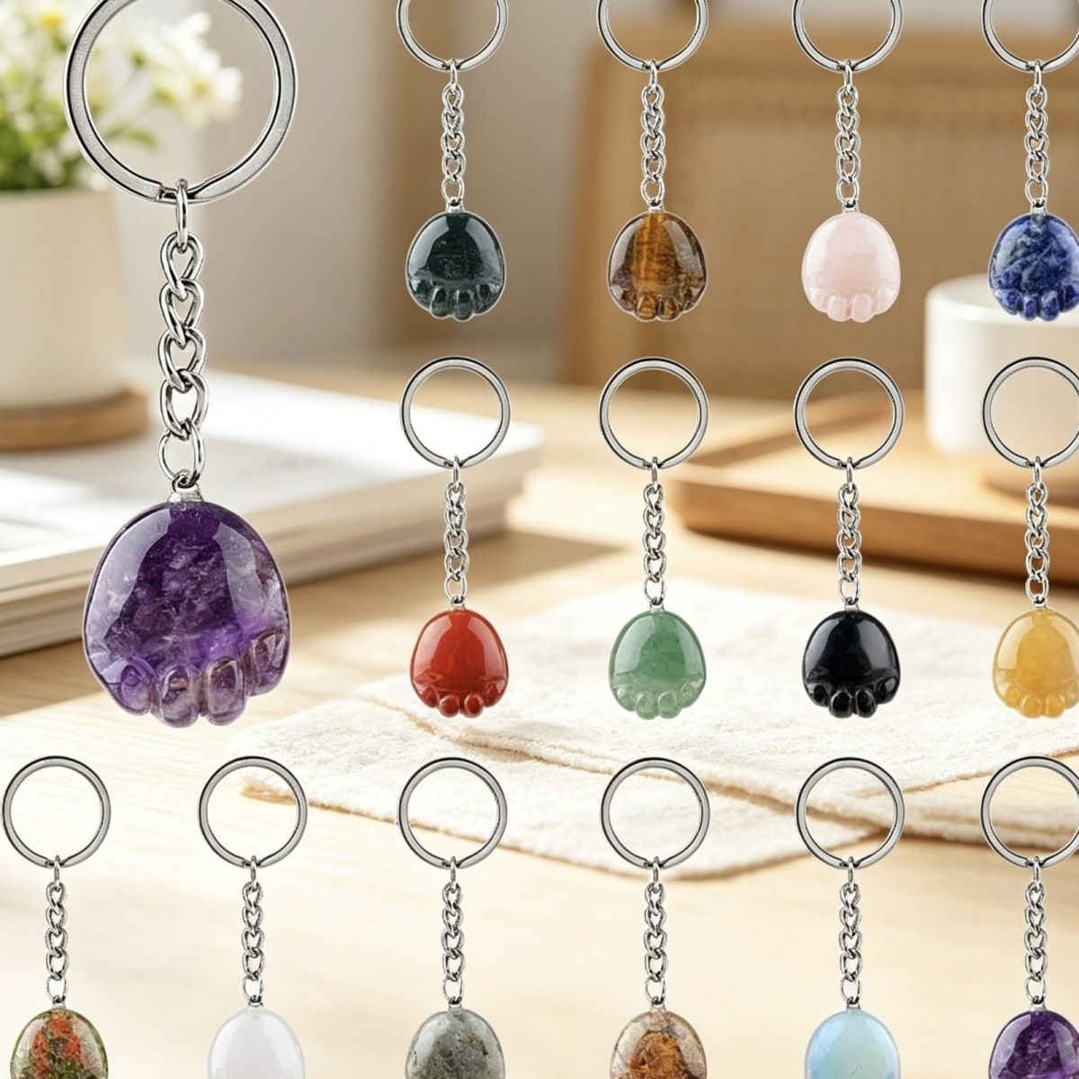 Pé de cristal natural chaveiro DIY saco de roupas bonito gravura decorativa semi-preciosa gato garra pingente