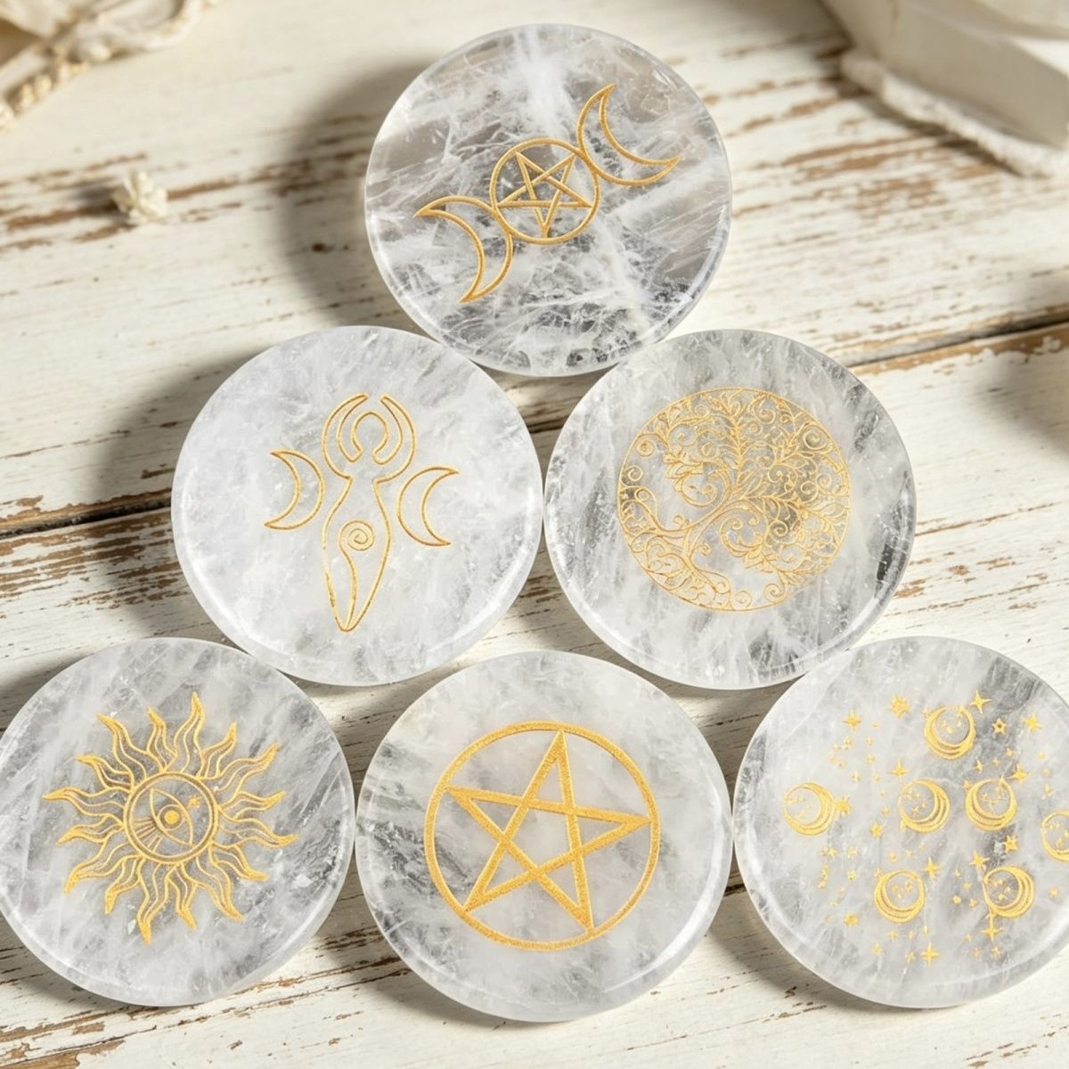1921-Cristal branco 55mm redondo plano gravura árvore da vida estrelas lua pedra almofada enfeite de artesanato DIY