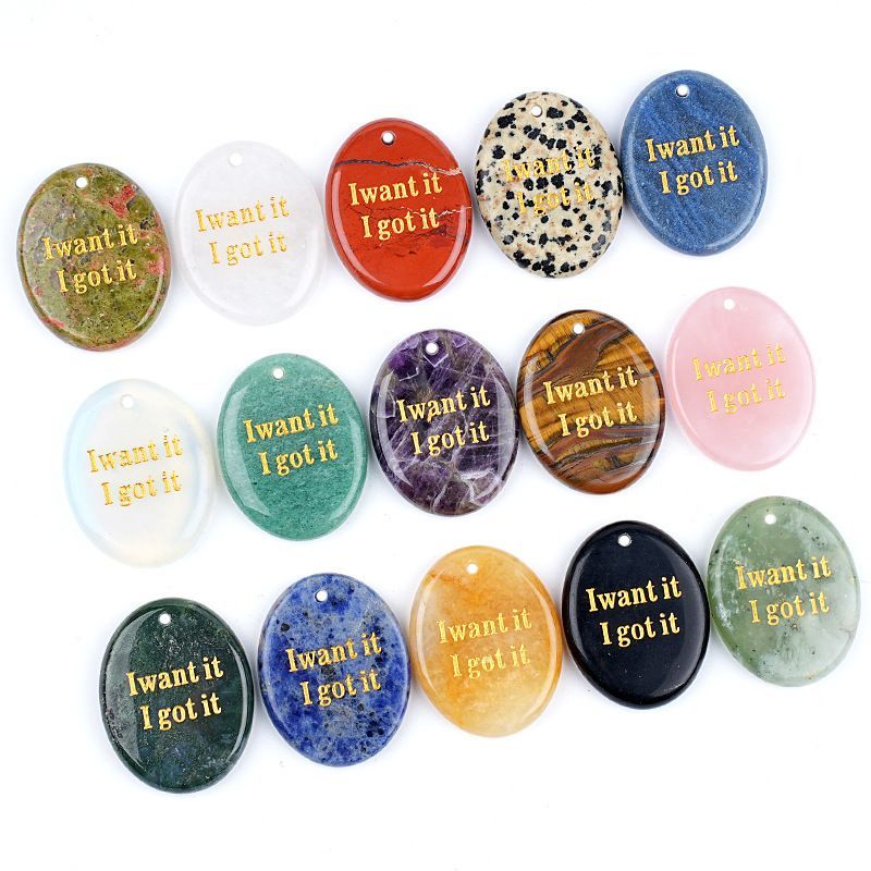Pingente de pedra de cristal natural pingente de colar DIY decorativo perfurado letras ovais ágata poder de pedra