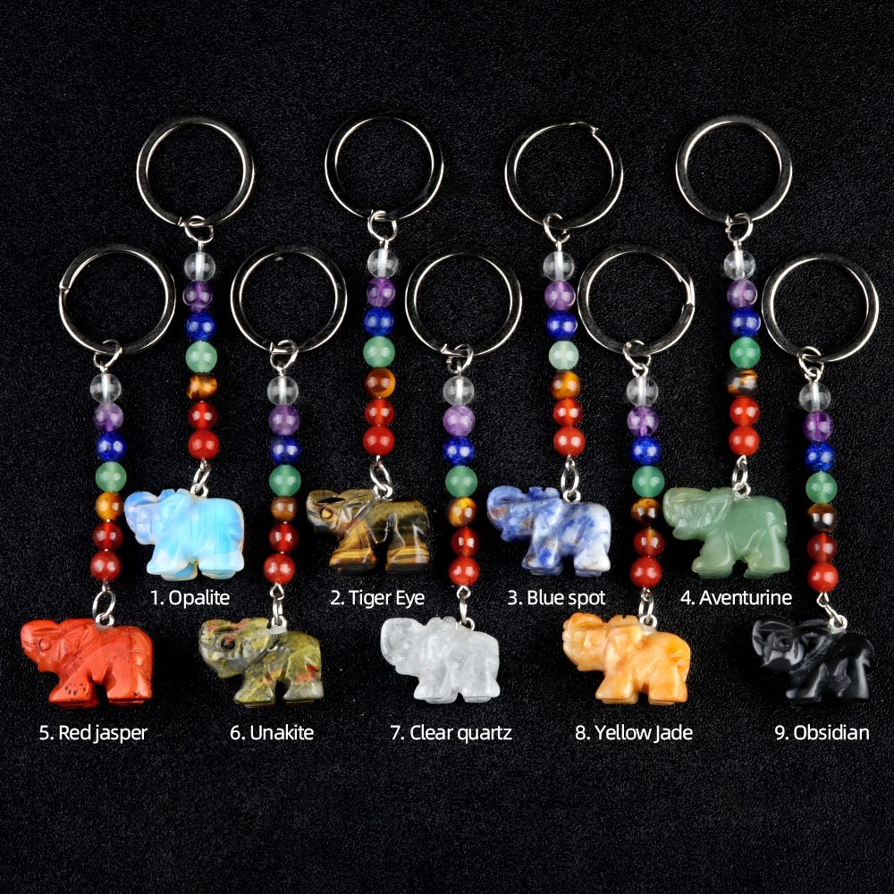 Chaveiro de elefante de pedra de cristal colorido, pingente de jóias de chakra, pingente de chaveiro de animal pequeno.