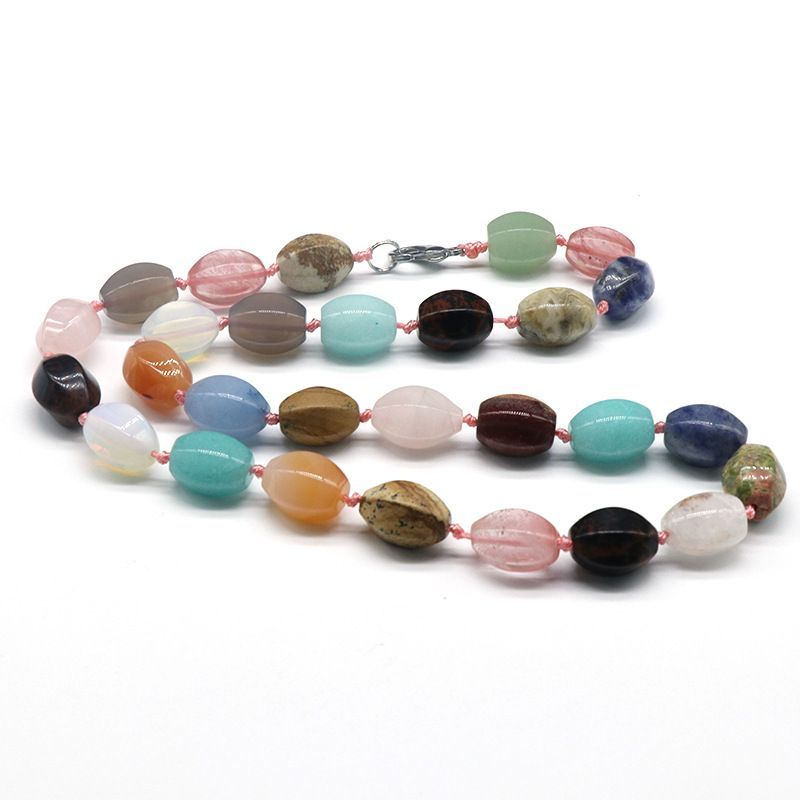 925 Colar de pedra natural colar de pedra de ágata de cristal colar de pedra colorido, colar de miçangas de arroz melão com nós