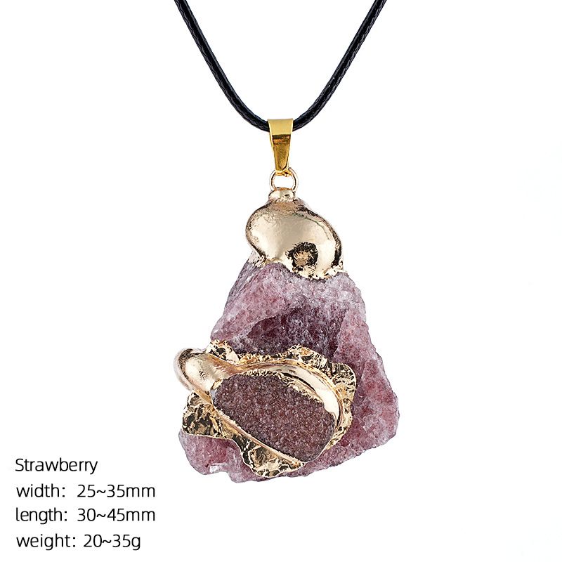 Colar de cristal natural, retro dourado incrustado grande pedra áspera irregular batida à mão pingente de pedra natural.