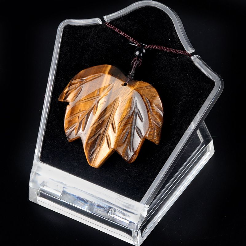 1689-Colar de folha de bordo canadense de pedra de cristal natural, colar de folha de cristal em pó de olho de tigre
