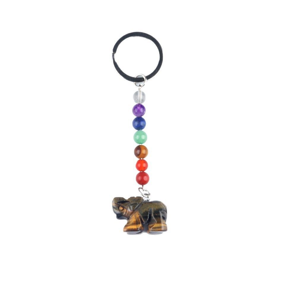Chaveiro de elefante de pedra de cristal colorido, pingente de jóias de chakra, pingente de chaveiro de animal pequeno.
