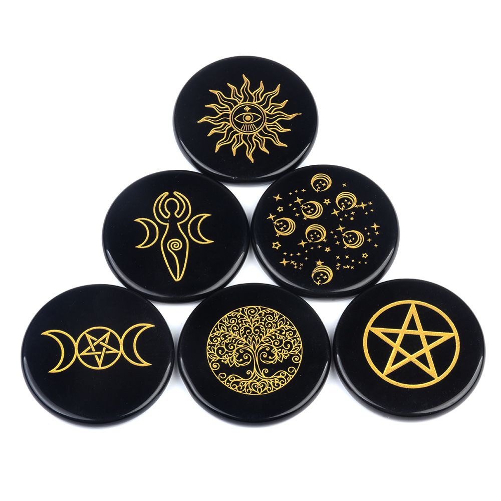 1771-Obsidiana 55mm gravura redonda e plana Árvore da Vida Estrela Lua Esteira de Pedra Enfeite de artesanato DIY