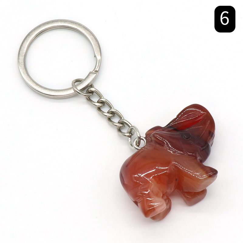 Pingente de chaveiro de elefante com cabeça de ágata de cristal natural, pingente de bolsa de elefante gravada tridimensional.