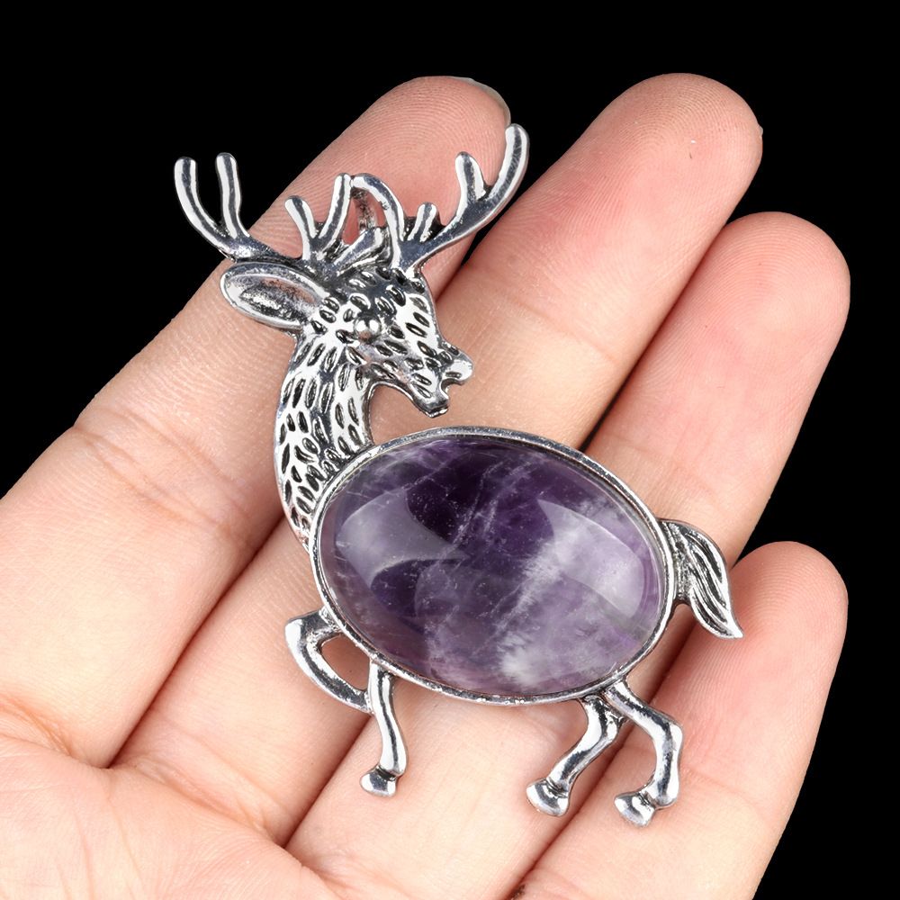 1934-Pingente de broche de alce de pedra semipreciosa incrustada em liga de cristal natural Alfinete de moda europeu e americano