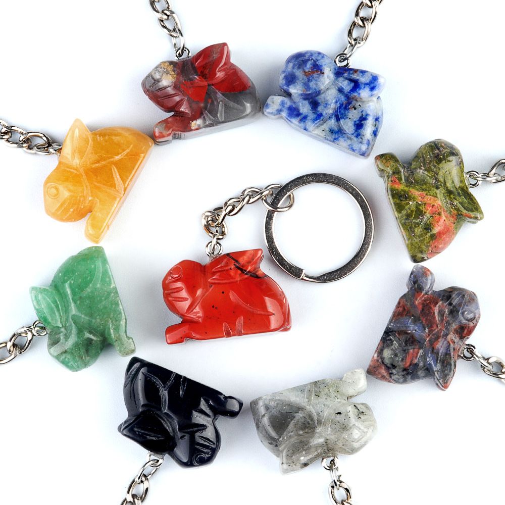 Chaveiro de coelho de 1950, pingente de chaveiro de animal gravado em pedra de ágata de cristal.