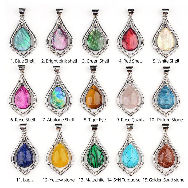 Pingente de gota de água de cabeça de pedra semipreciosa de cristal natural, liga incrustada de pedra preciosa, colar de pingente DIY de concha de abalone.