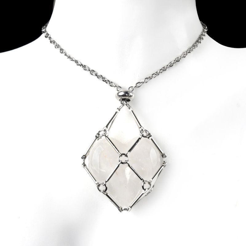 1737-Corrente de aço inoxidável de pedra de amor de ágata de cristal natural, pingente de bolso de malha de coração de bambu de metal