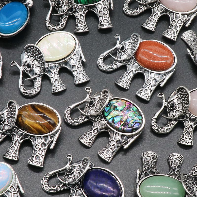 Pingente de gema broche de elefante, concha de ágata de cristal com colar de pino de pingente de pedra preciosa